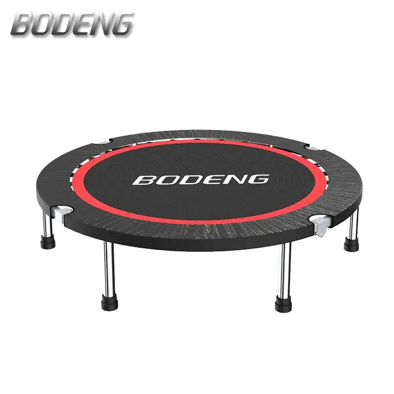 Black and red bodeng mini trampoline with a textured mat and chrome legs.