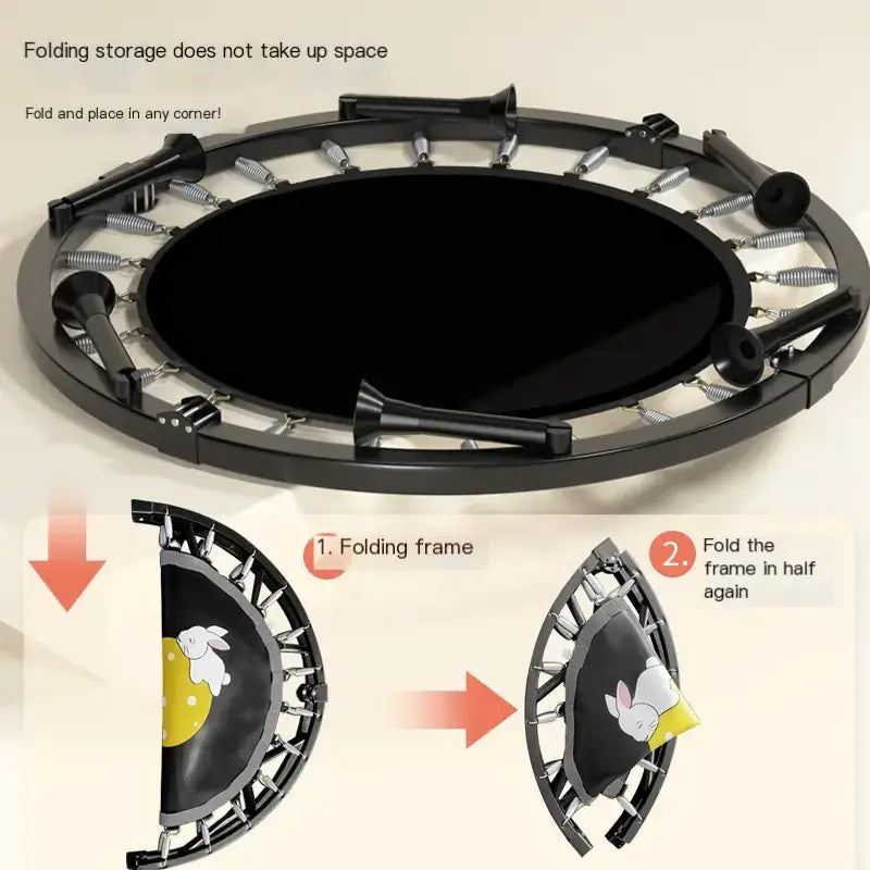 Black folding trampoline with a cartoon rabbit design on the mat