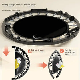 Black folding trampoline with a cartoon rabbit design on the mat