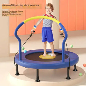 Blue and yellow circular trampoline with handlebars for children’s jumping and stretching exercise