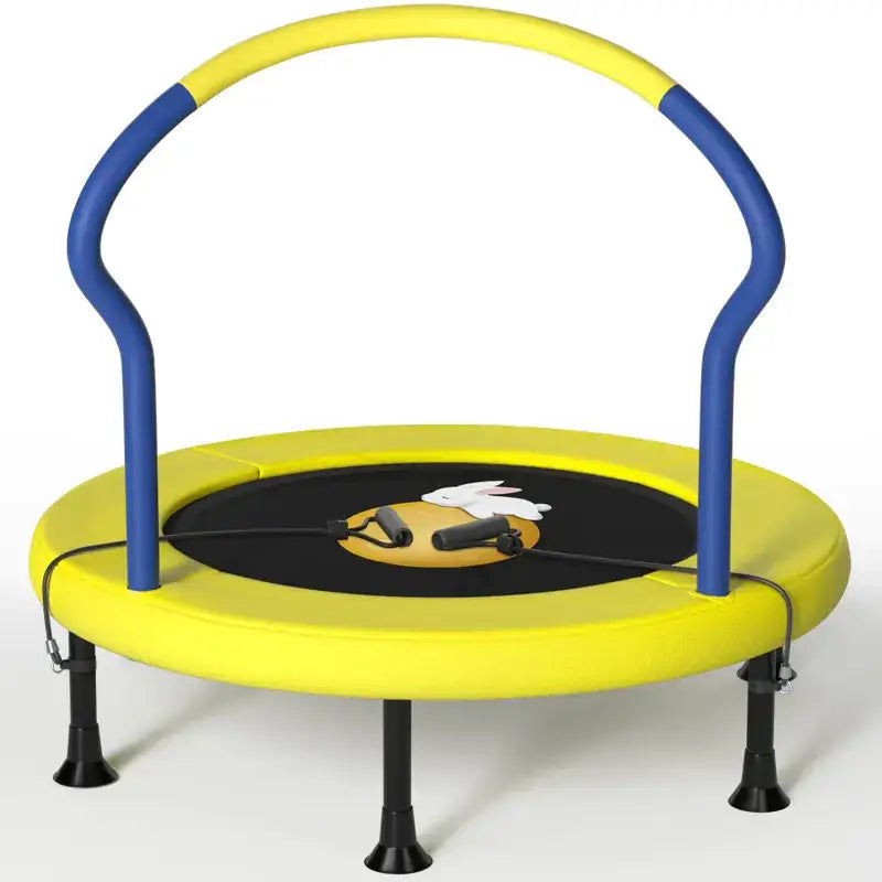 Bright yellow and blue children’s trampoline with a black jumping surface featuring a white rabbit design, equipped with safety handles and four sturdy legs.