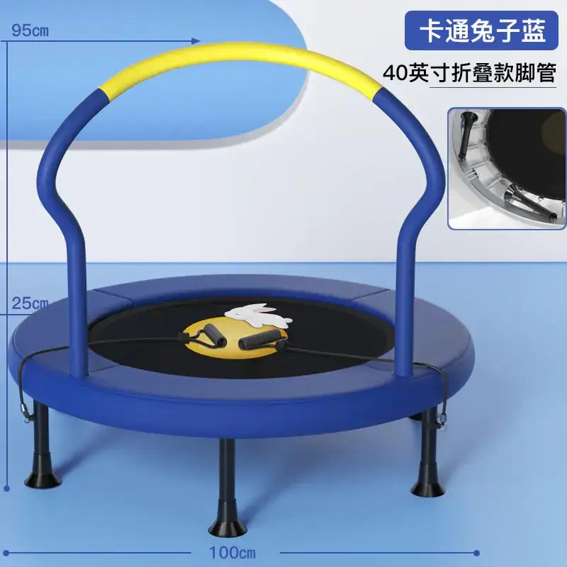Blue and yellow children’s trampoline with a cartoon rabbit design on the jumping surface.