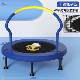 Blue and yellow children’s trampoline with a handlebar, black springs, and a cartoon rabbit design on the mat.