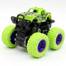 Vibrant lime green and purple monster truck toy with rugged, oversized tires and detailed black chassis.