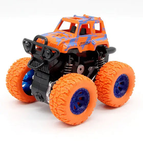 Orange and blue monster truck toy with rugged tires and black front bumper.