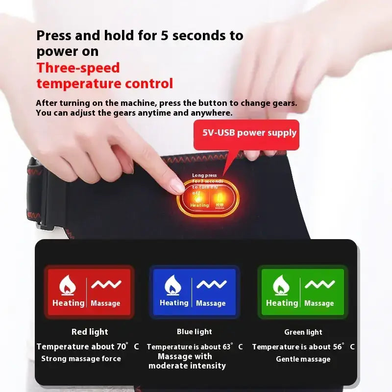 Black fabric heating belt with three-speed temperature control and massage settings indicated by red, blue, and green lights.