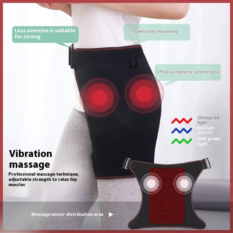 Black fabric hip massage belt with red illuminated circular pads for vibration therapy.