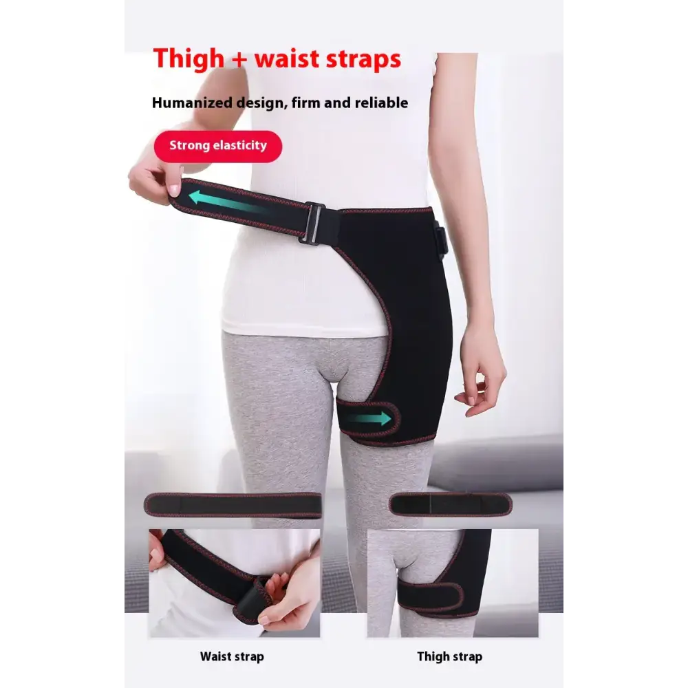 Black supportive thigh and waist strap brace with reinforced elastic bands.