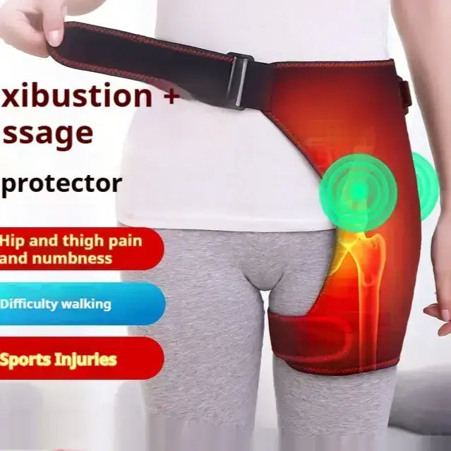 Red and black heated massage hip and thigh pain relief protector with glowing green circular therapy zones.