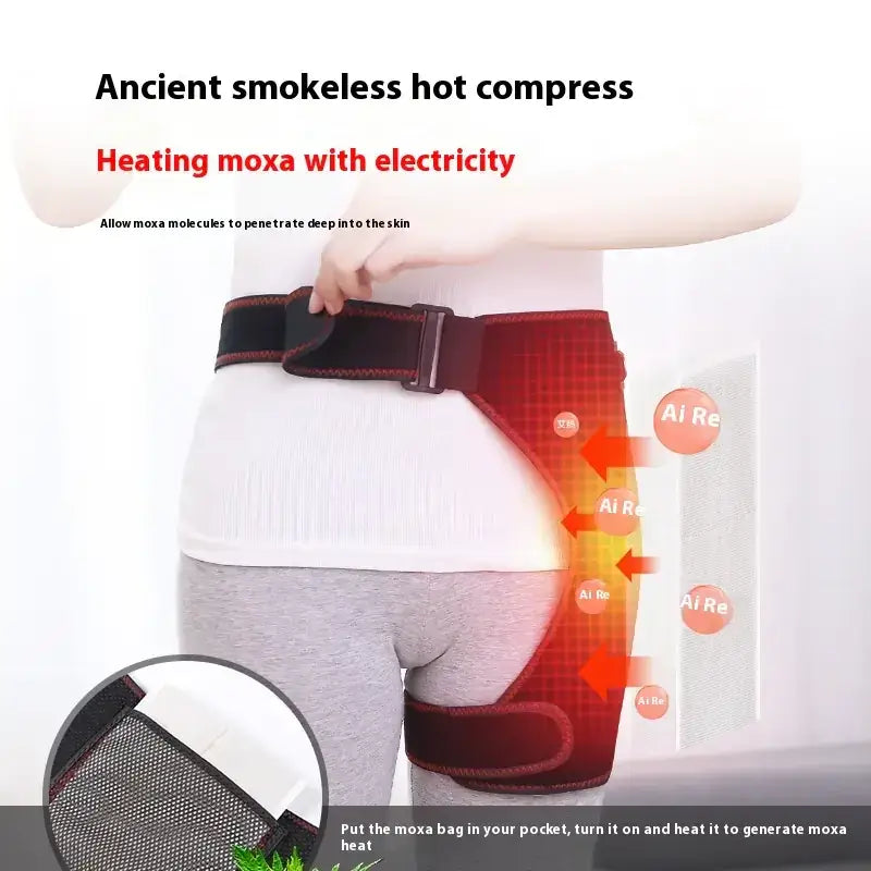 Red and black electric moxa heating belt with mesh fabric and adjustable strap.