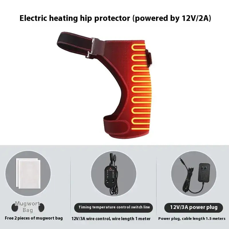Red electric heating hip protector with a black strap and glowing orange heat-activated panels.