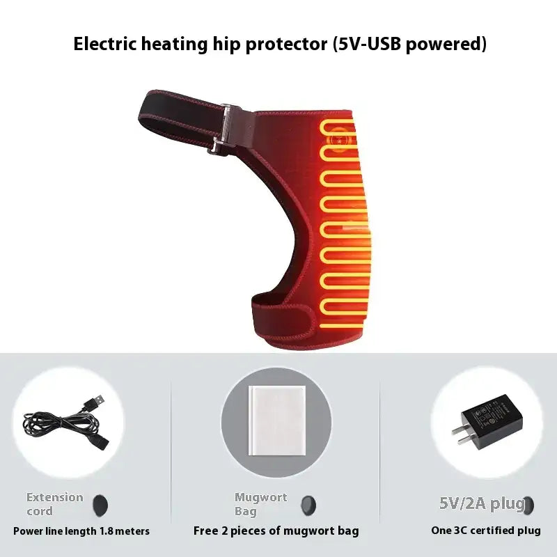 Red electric heating hip protector with a black strap and visible heat-emitting coils, designed for 5v-usb power.