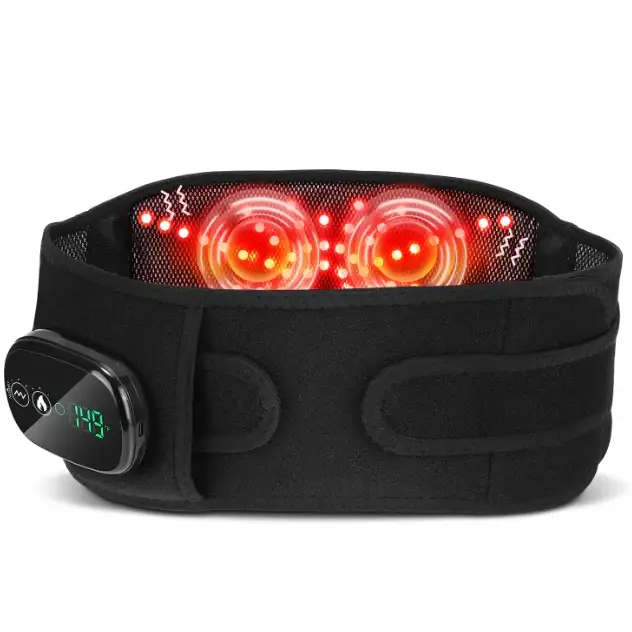 Black fabric lumbar support belt with red led lights and a digital control panel.