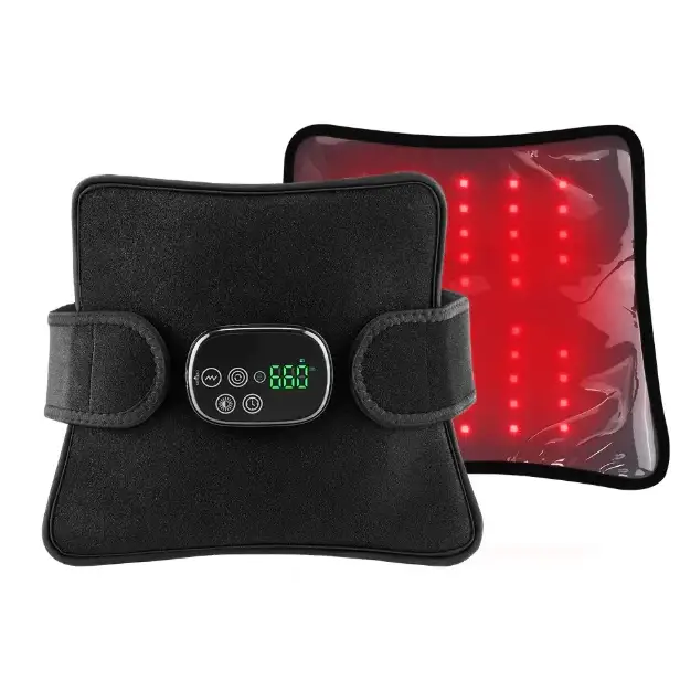 Black rectangular led therapy pad with red light-emitting diodes and a digital control panel.