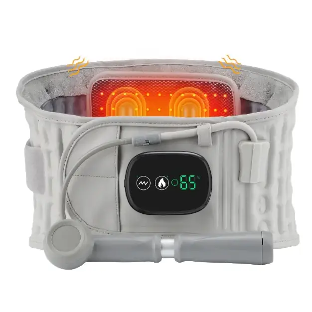 Gray heated back support belt with red led lights and a digital display showing 65 degrees.