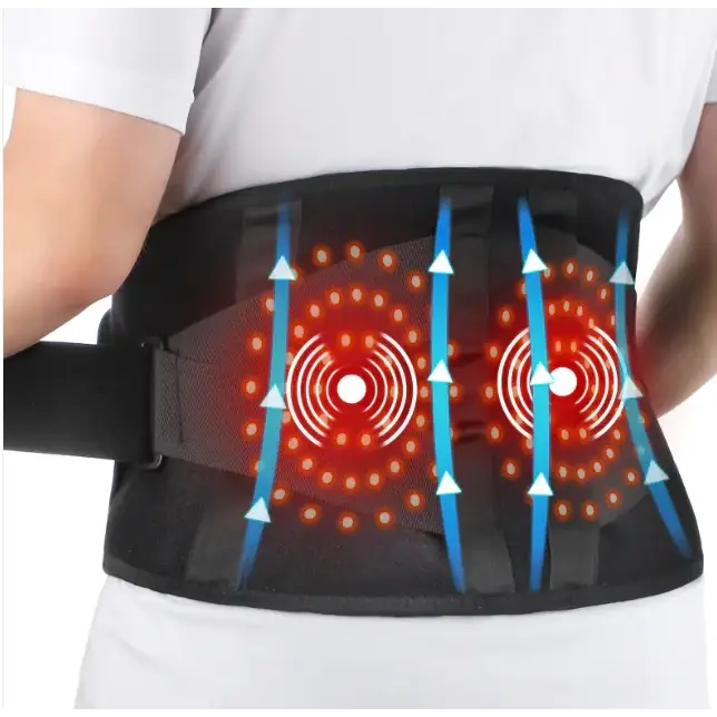Black supportive back brace with red and blue illustrated heat therapy patterns.
