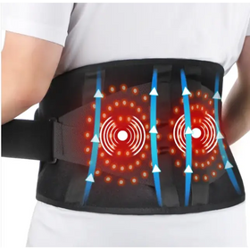 Black supportive back brace with red and blue illustrated heat therapy patterns.