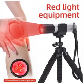 Black and silver tripod-mounted red light therapy device with a cylindrical head emitting targeted red illumination.