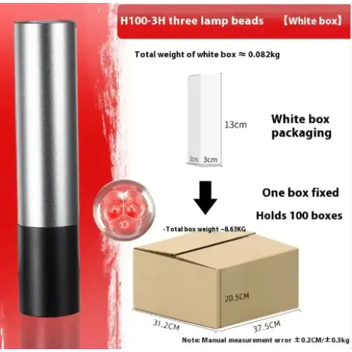 Silver and black cylindrical led lamp with three red light-emitting beads.