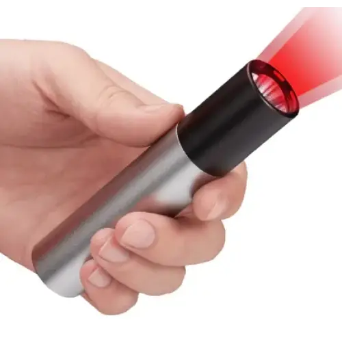 A sleek, silver cylindrical laser pointer with a black cap emitting a bright red beam.