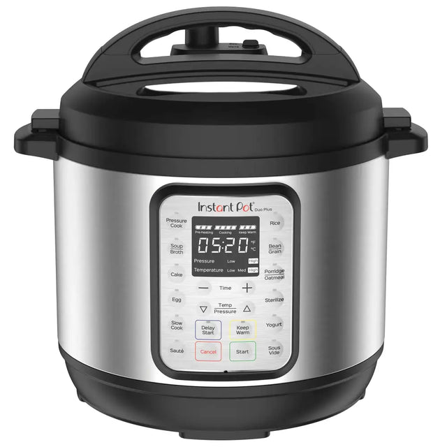 Silver and black instant pot duo plus pressure cooker with a digital control panel displaying cooking settings.