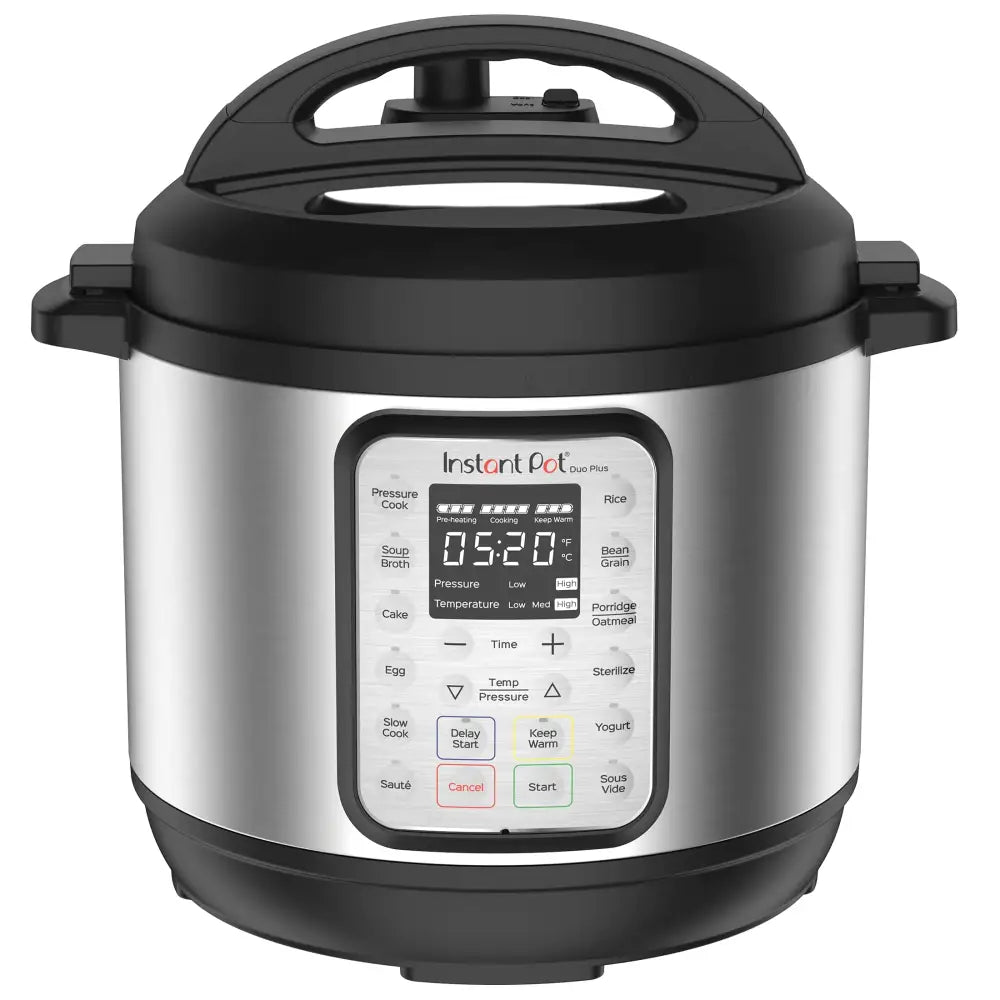 Silver and black instant pot duo plus pressure cooker with a digital control panel displaying cooking settings.