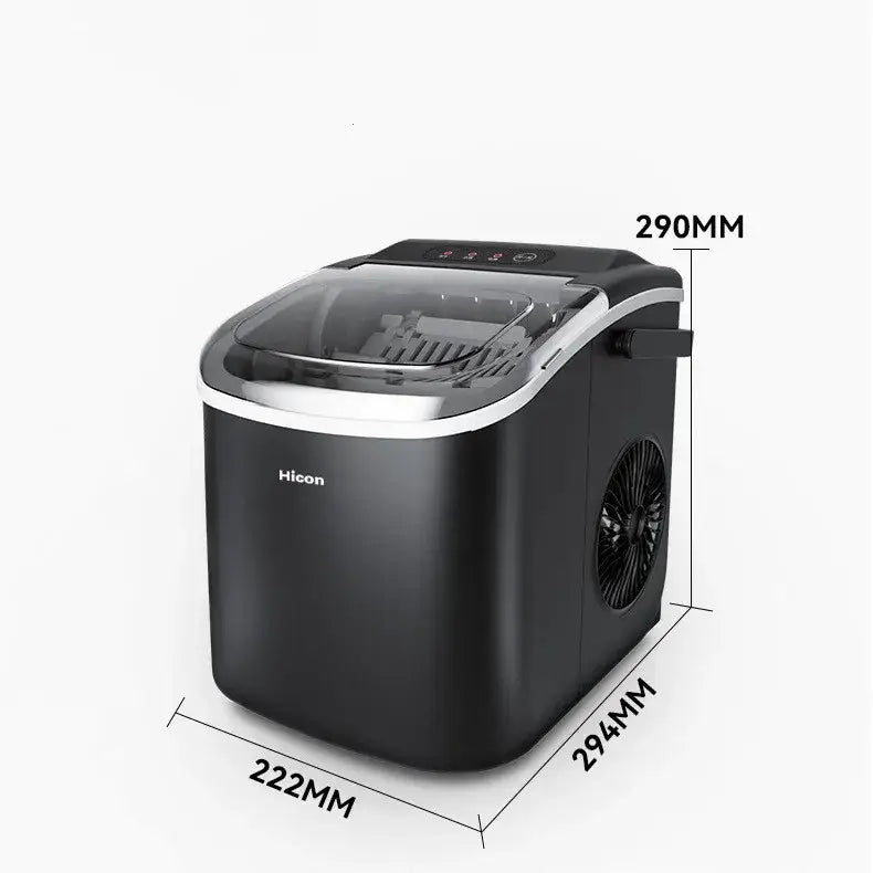 Black hicon countertop ice maker with a sleek, modern design featuring silver accents and a transparent lid.
