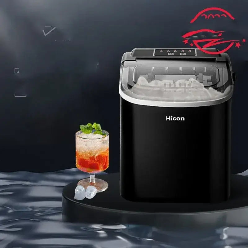 Black hicon countertop ice maker with transparent lid and digital display, filled with clear ice cubes.