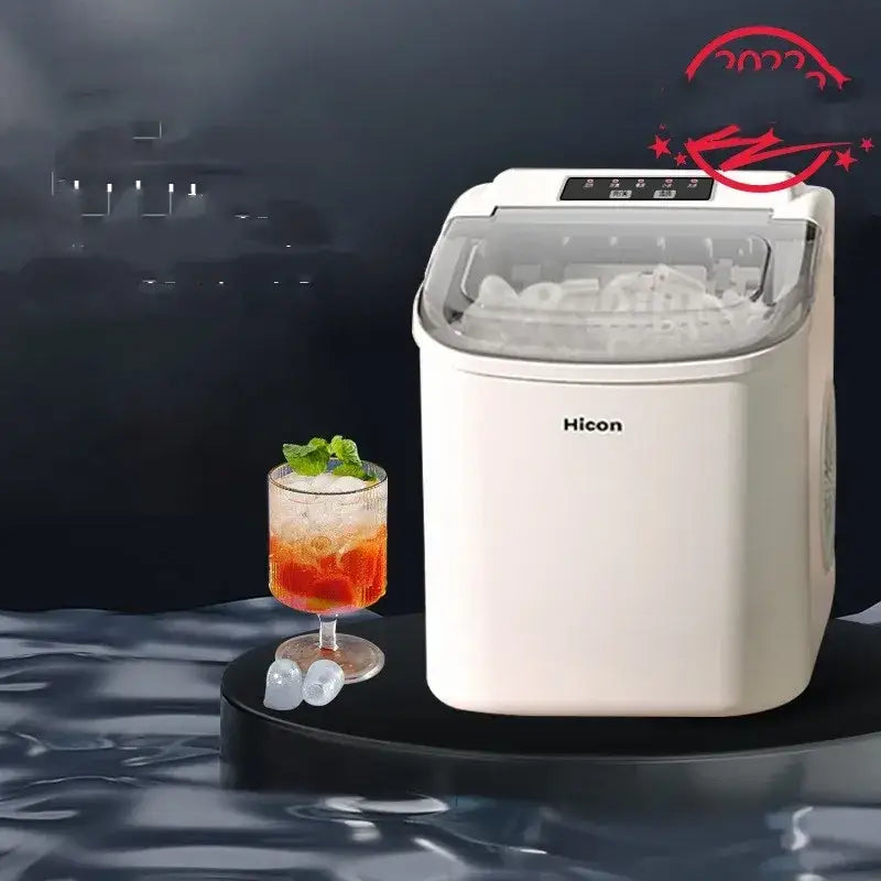 Cream-colored hicon countertop ice maker with a transparent lid and digital control panel.