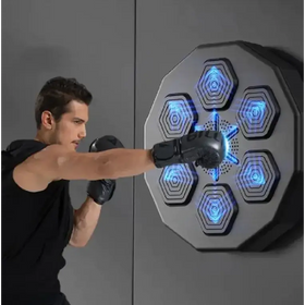 Black boxing glove striking a futuristic, octagonal wall-mounted punch pad with glowing blue hexagonal targets.