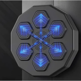 Gray octagonal wall-mounted speaker with six glowing blue hexagonal panels arranged in a star pattern.