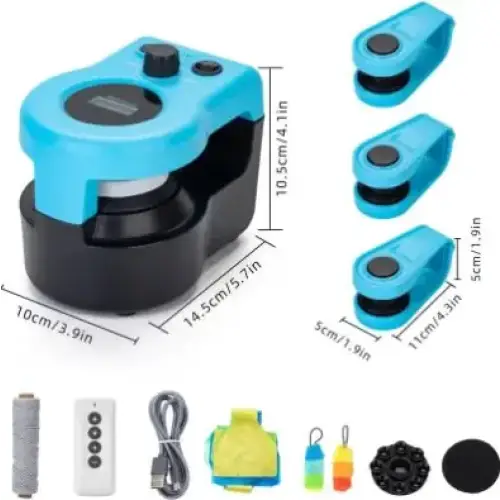 Blue and black handheld vacuum cleaner with detachable attachments.