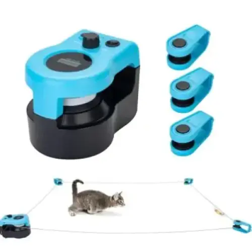 Blue and black cat toy with retractable wire and four matching clip attachments.