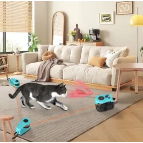 A sleek, modern cat toy system with bright blue and black components arranged in a zigzag pattern across the floor.