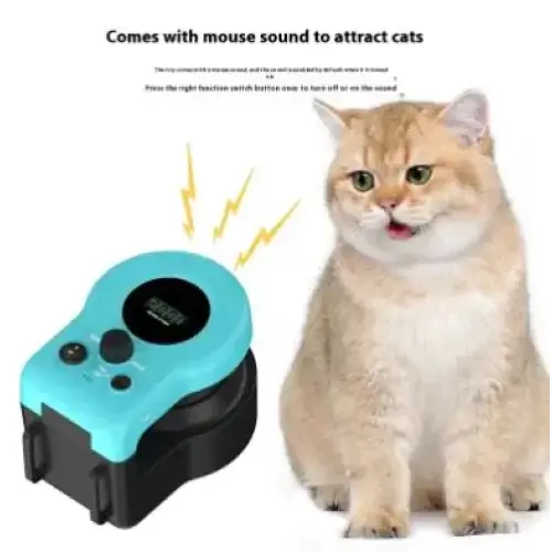 Turquoise and black electronic cat attractor device with a digital display.