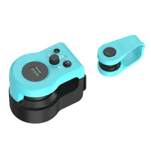 Turquoise and black pet collar alarm with a paw print button.