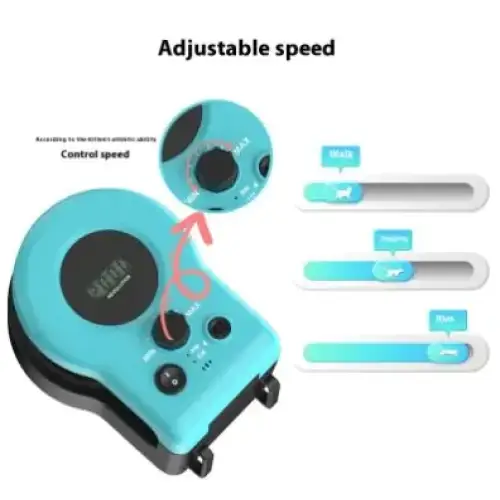 Turquoise and black pet training device with adjustable speed control knobs.