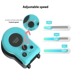 Turquoise and black pet training device with adjustable speed control knobs.