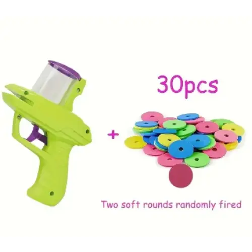 Bright lime green plastic toy water gun with purple accents and a clear cylindrical chamber, accompanied by 30 colorful soft round discs in assorted hues.