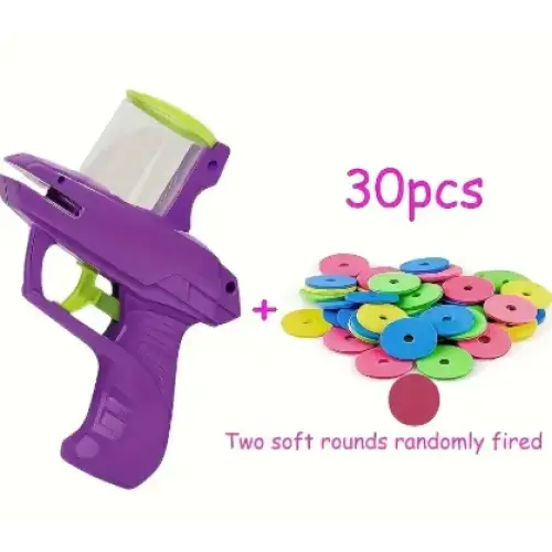 Purple plastic toy water gun with a clear translucent chamber and lime green accents, accompanied by 30 colorful circular foam discs.