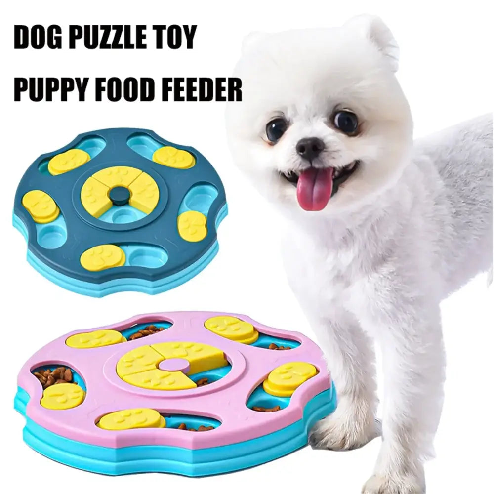 Blue and pink dog puzzle toy food feeder with yellow paw print buttons.