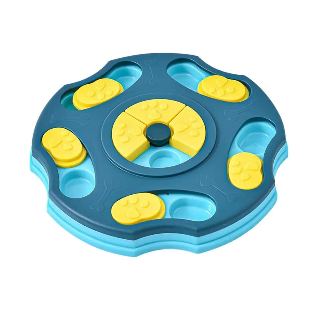 Blue and yellow plastic dog treat dispenser with paw print designs.