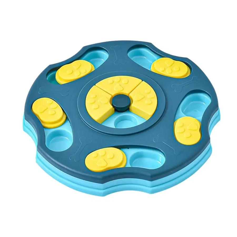 Blue and yellow plastic dog treat dispenser with paw print designs.