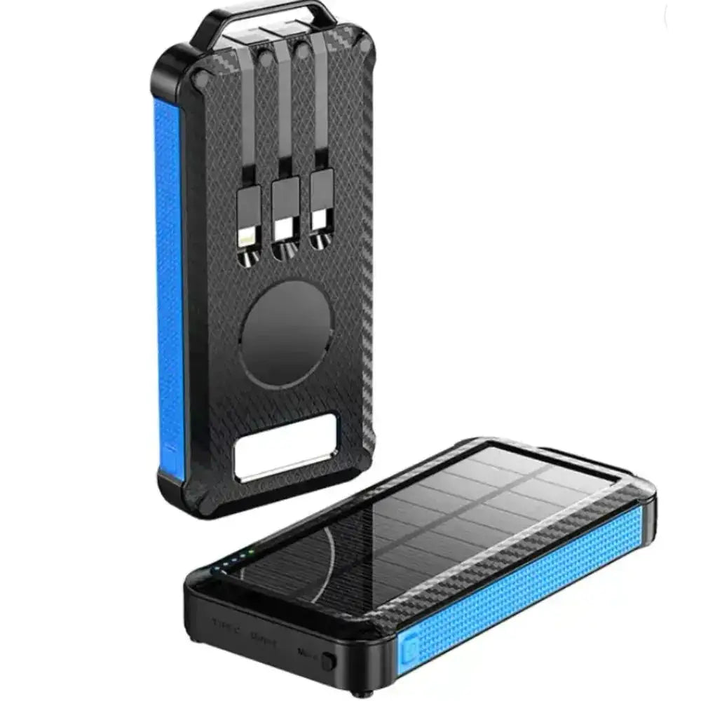Black and blue carbon fiber textured solar-powered portable charger with multiple usb ports.