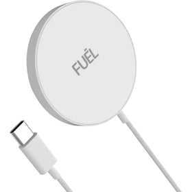 White circular wireless charger with a sleek, minimalist design and the ’fuel’ brand logo subtly embossed on its surface.
