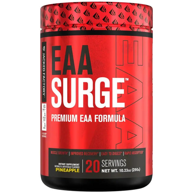 Red cylindrical container of jacked factory eaa surge, a premium eaa formula in pineapple flavor with 20 servings.