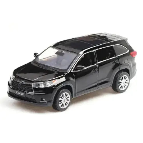 Black die-cast toyota highlander suv model toy with silver alloy wheels and detailed exterior features.