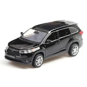 Black die-cast toyota highlander suv model toy with silver alloy wheels and detailed exterior features.