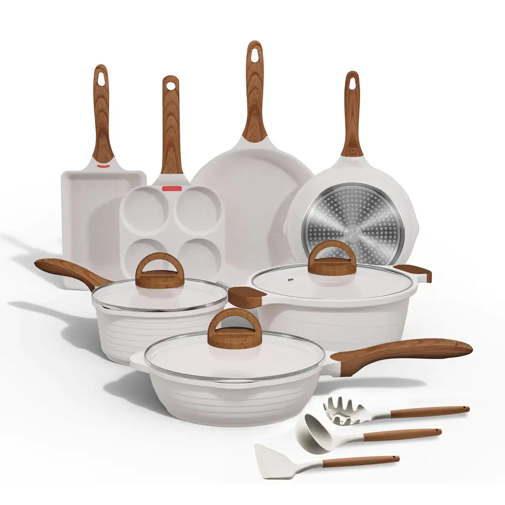 White ceramic cookware set with wooden handles and matching lids