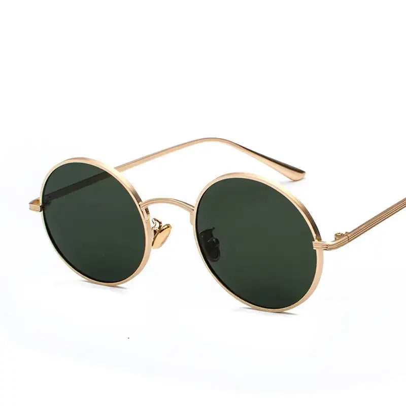 Gold-toned round sunglasses with dark green lenses and a minimalist, retro design.